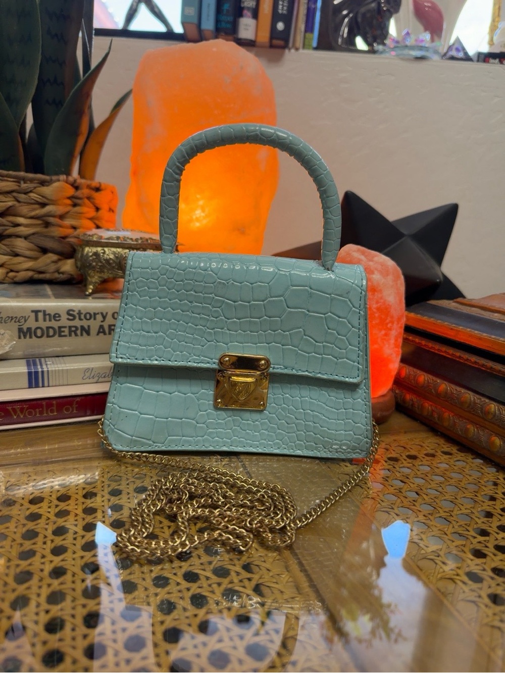 Baby Blue Croc Embossed Mini Top Handle Bag Gold Chain Strap